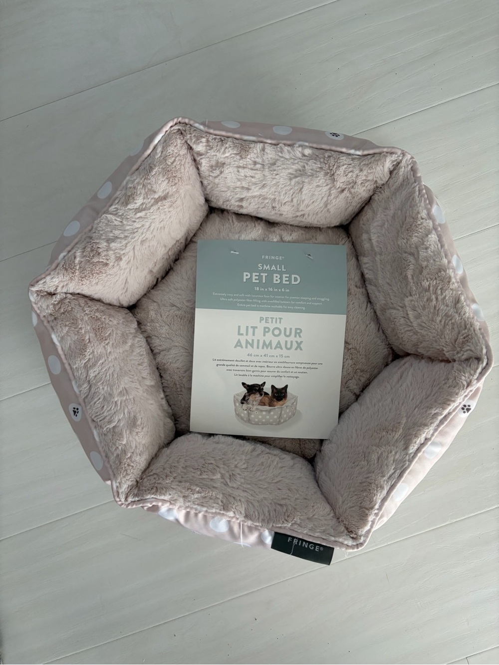 Fringe Studio Plush Hexagon Pet Bed w/Polka Dot Print and Cozy Beige Interior.